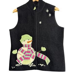 COLDWATER CREEK Snowman Motif Wool Vest Black Size M Holiday